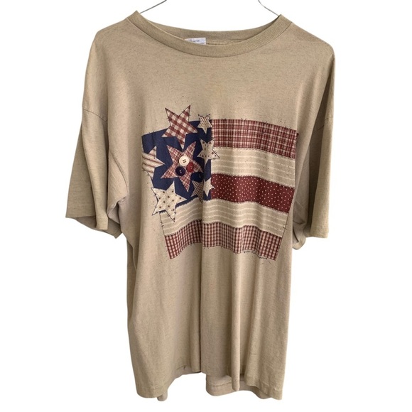 90s Vintage Tee Shirt Vicki Melhart American Flag Brown USA Shirt Single Stitch - Picture 1 of 4